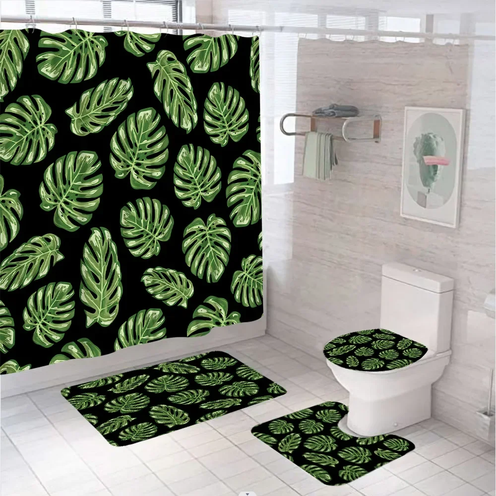 4Pcs Green Tropical Leaves Shower Curtain Set Watercolour Plant Monstera Home Bathroom Decor Floor Rug Bath Mat Toilet Lid Cover