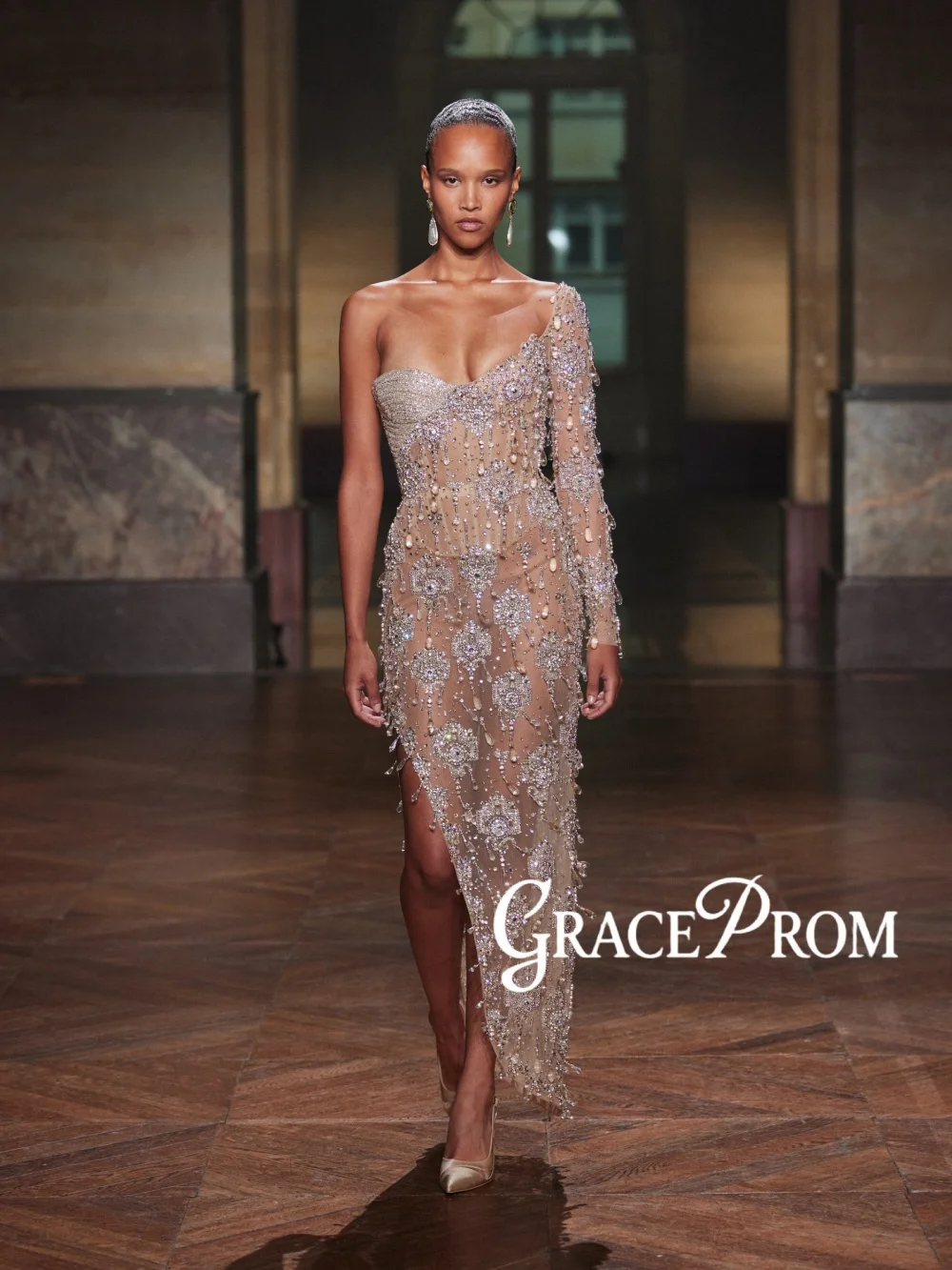 

Heavy Beaded Crystal Evening Dress Modern One Shoulder High Slit Wedding Party Gowns Customized Luxurious Sexy Banquet Gowns