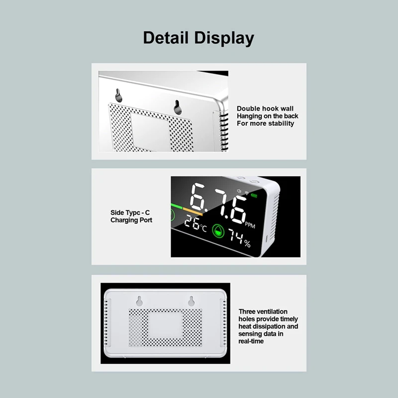 휴대용 이산화탄소 감지기, 공기질 감지기, 크롭 룸, 사무실용 흰색 ABS, 3-in-1, 1 개