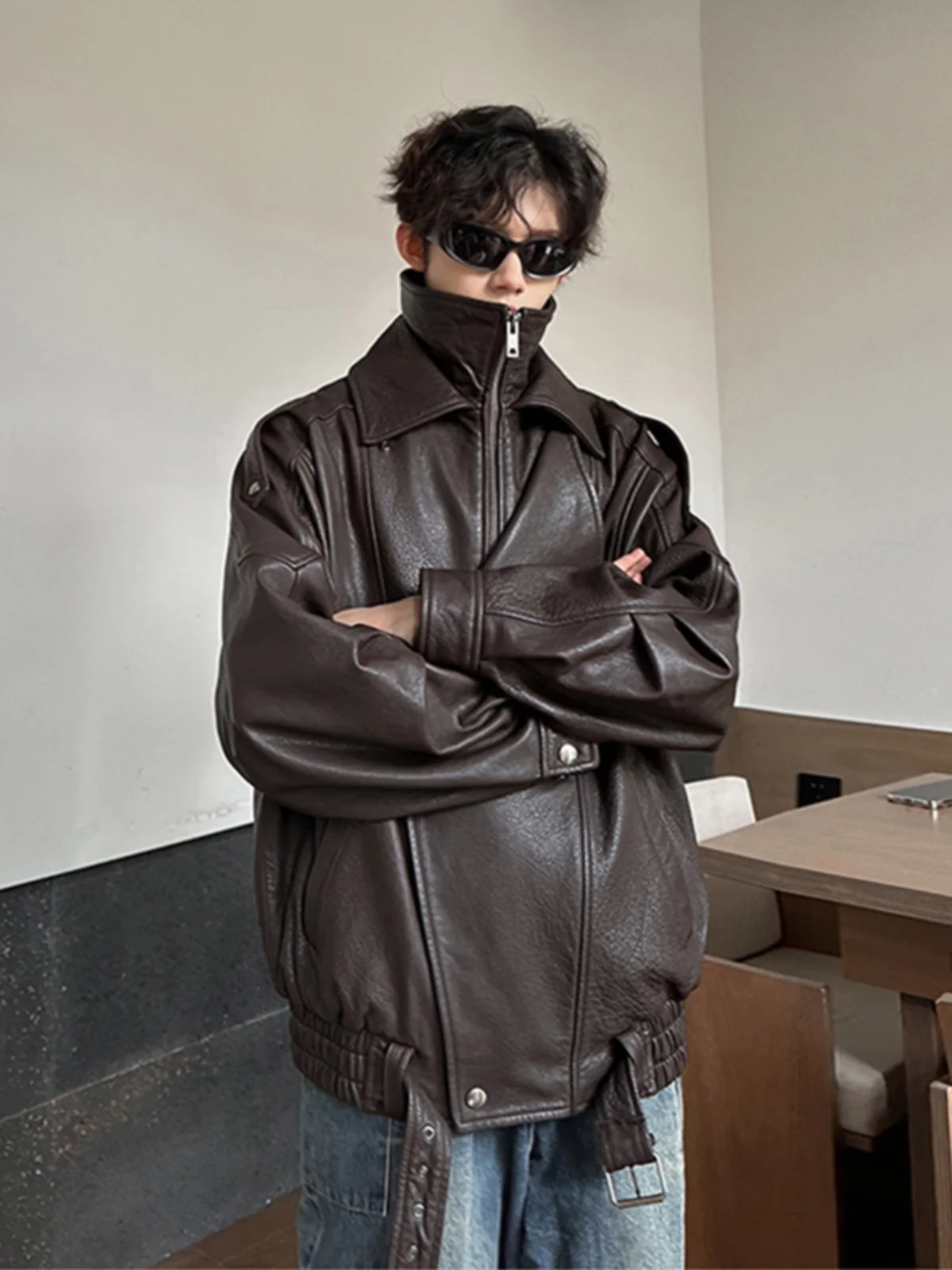 

American Retro Brown Leather Jaet Men's High-End Feeling Cool Spring Autumn Pilot Jaet Vintage Stand Collar Motorcycle Cl...