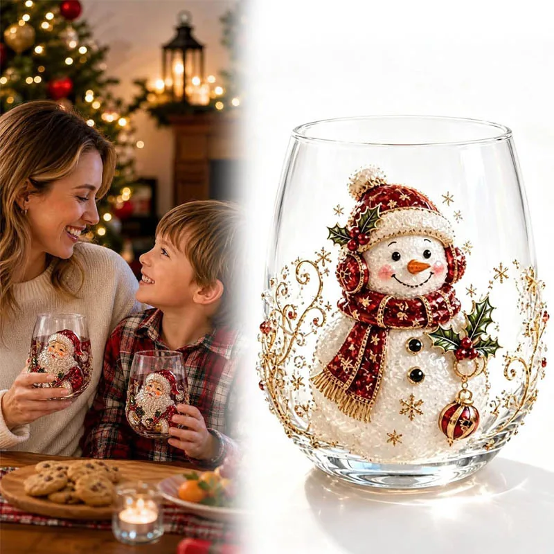 3D Christmas Glass Art Cup,Santa Snowman Reindeer Tree Drinking Glasses Christmas Wine Glasses, 3D Glass Cup for Christmas Gift