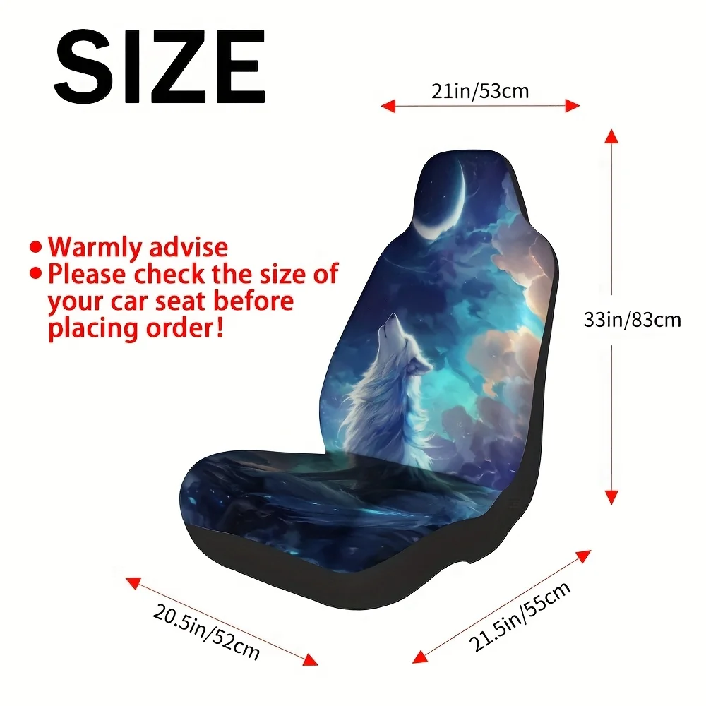 2pcs White Wolf Moon Fantasy Print Car Seat Covers Compatible For Cars/SUVs/Trucks, Fit Front Seat Protectors With Wolf & Moon D