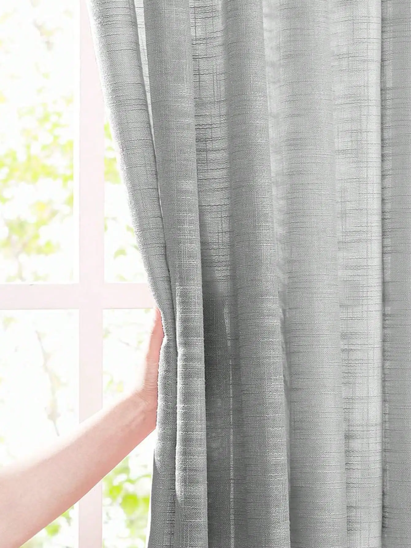 Grey Polyester Linen Texture Semi-transparent Curtains Transparent Farmhouse Style Grommet Curtains,  For Living Rooms, Bedroom
