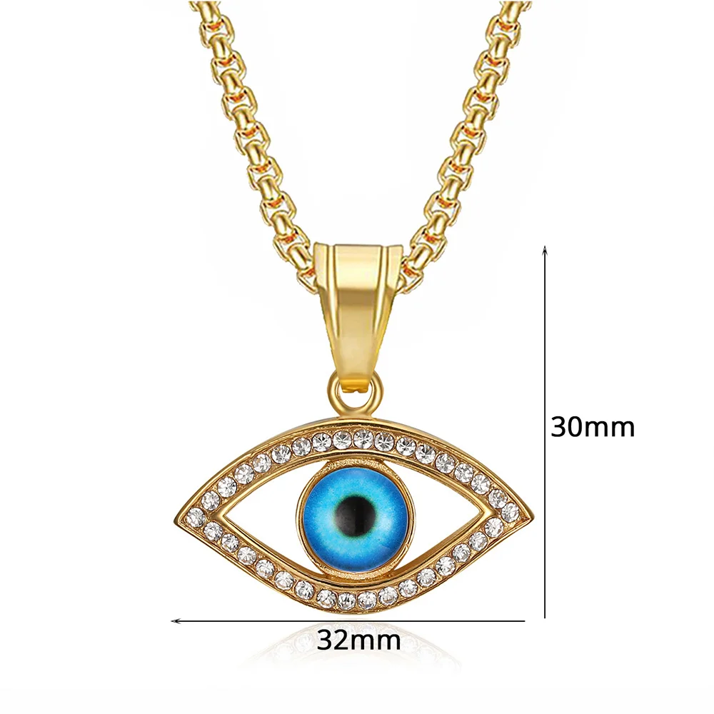 Hip Hop Iced Out Bling Blue Evil Eyes ciondolo Color oro collana in acciaio inossidabile CZ Eye per donna uomo regalo di gioielli turchi