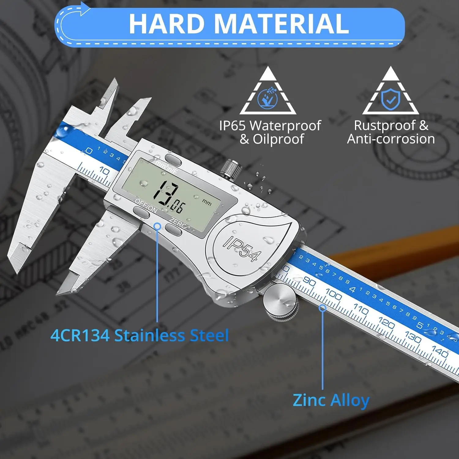 Digital Vernier Caliper IP54 Waterproof+32PCS Feeler Gauge 150mm/6Inch  Electronic Caliper Fractions/Inch/Metric Measuring Tool