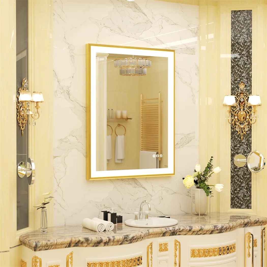 LUVODI Home Hotel LED Illuminate Bathroom Mirror Dimmable Gold Aluminum Framed Vanity Wall Mirror Anti-fog