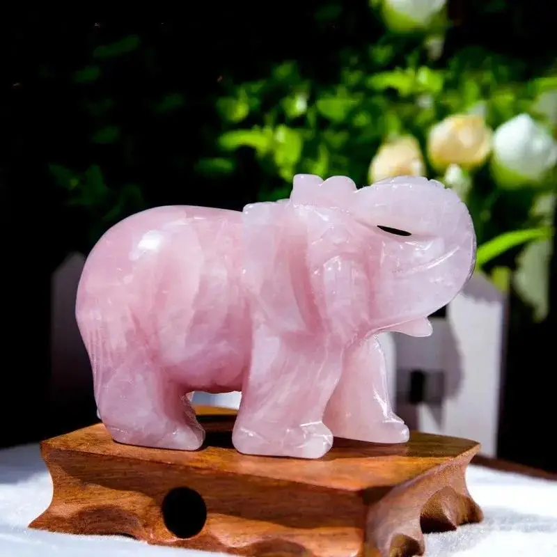 1PC Classic Green Pink Jade Stone Craving Lucky Elephant Feng Shui Statue Figurine Home Office Ornaments