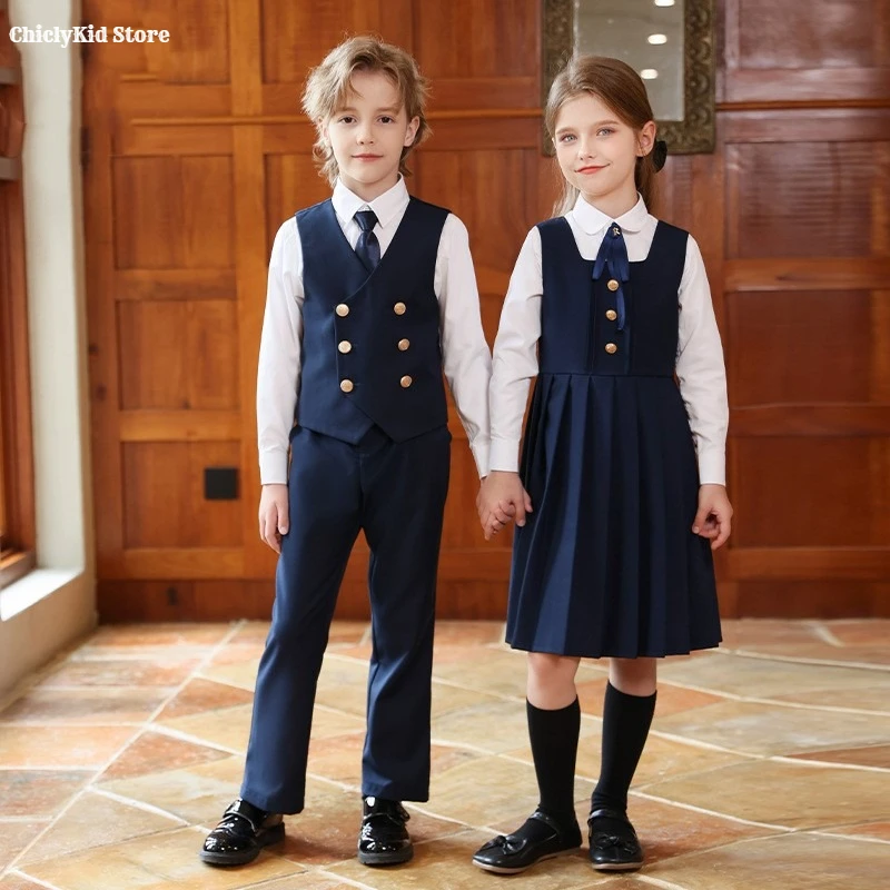 Boys British Double-breasted Vest Suit Pants Girls Dress Kids Student Clothes Sets Toddler Waistcoat Suits Child School Uniforms