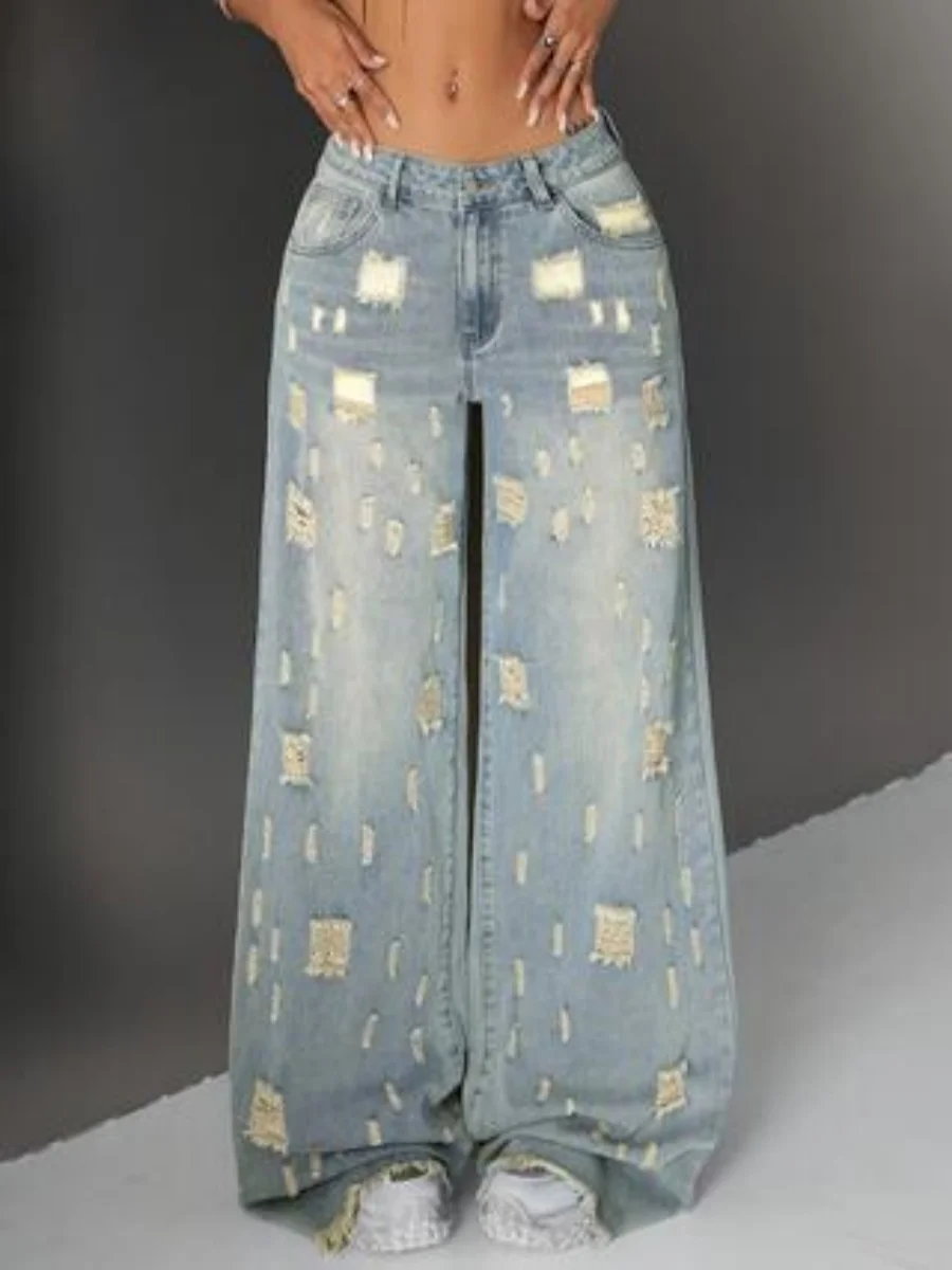 กางเกงยีนส์ทรงตรงขากว้างเอวสูงสไตล์วินเทจอเมริกันสำหรับผู้หญิง ช่วยให้ดูผอมเพรียวและใช้งานได้หลากหลาย