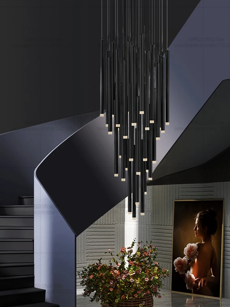 LED Modern Minimalist Long Strip Hanging Staircase Pendant Light Attic Pendent Lamp Villa Living Room Dining Room Chandelier