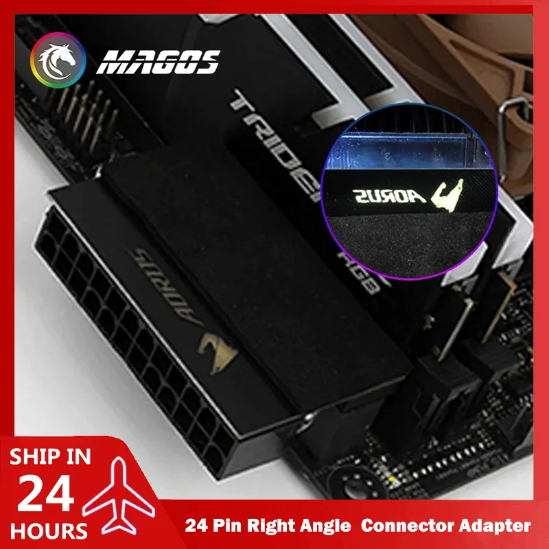 PC M/B ATX PSU 24 Pin Right Angle 90 Degree Adapter 5V/12V RGB SYNC Light-Emitting Turning Converter 24P AORUS/ROG/MSI Logos