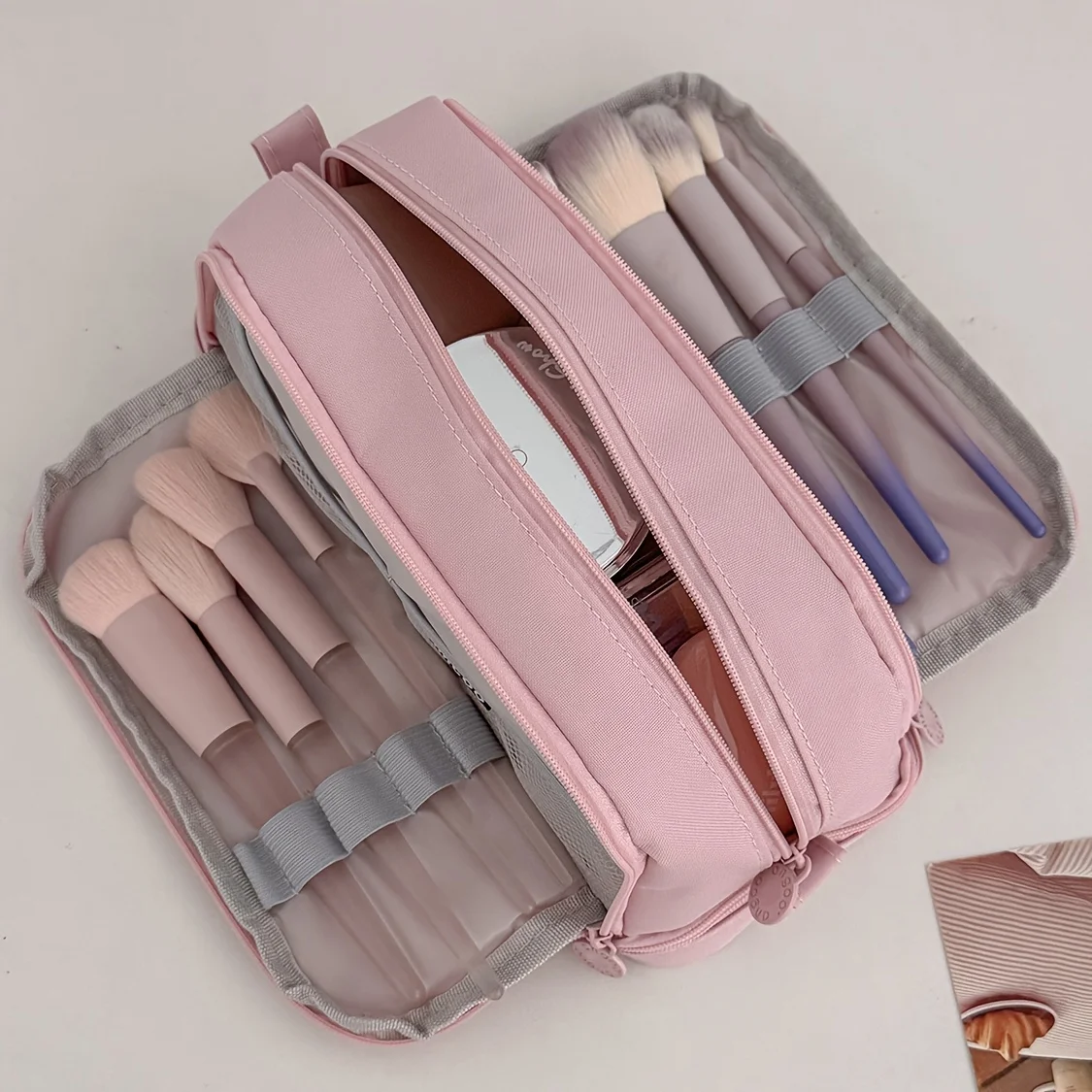 Portable 3-Layer Travel Makeup Bag, Large Capacity Cosmetic Organizer with Compartments, Cute Storage Pouch for Women