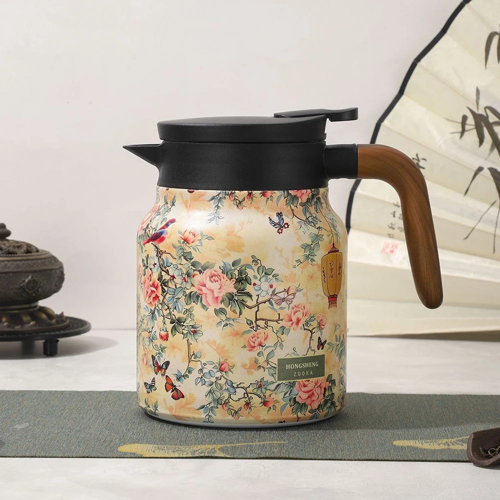 

1000ml Floral Pattern Teapot Stainless Steel Insulated Tea Pot Built-in Infuser Tea Separation Water Bottle for Kitchen