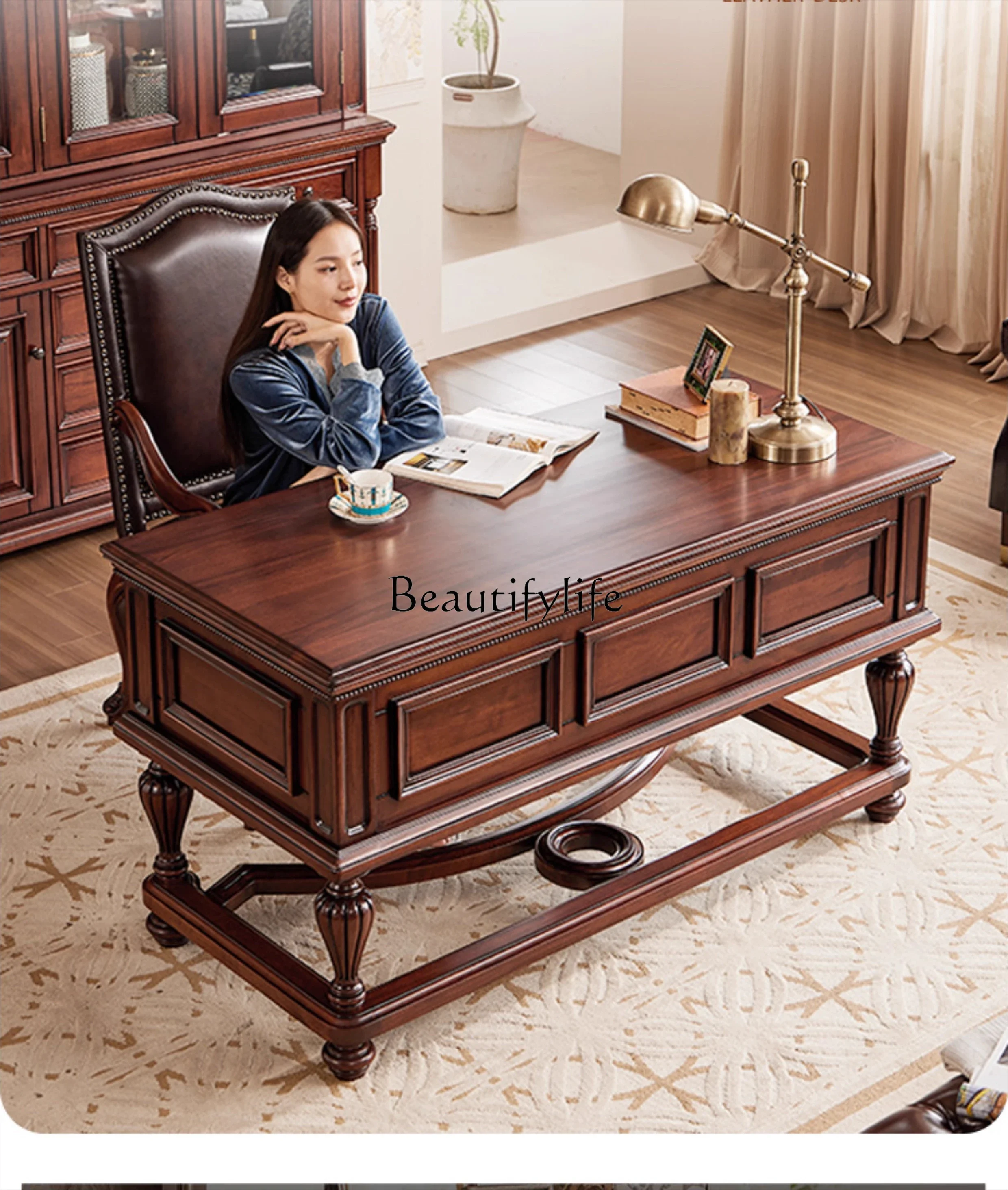 4American neoclassical gold silk teak all solid wood desk premium retro writing desk