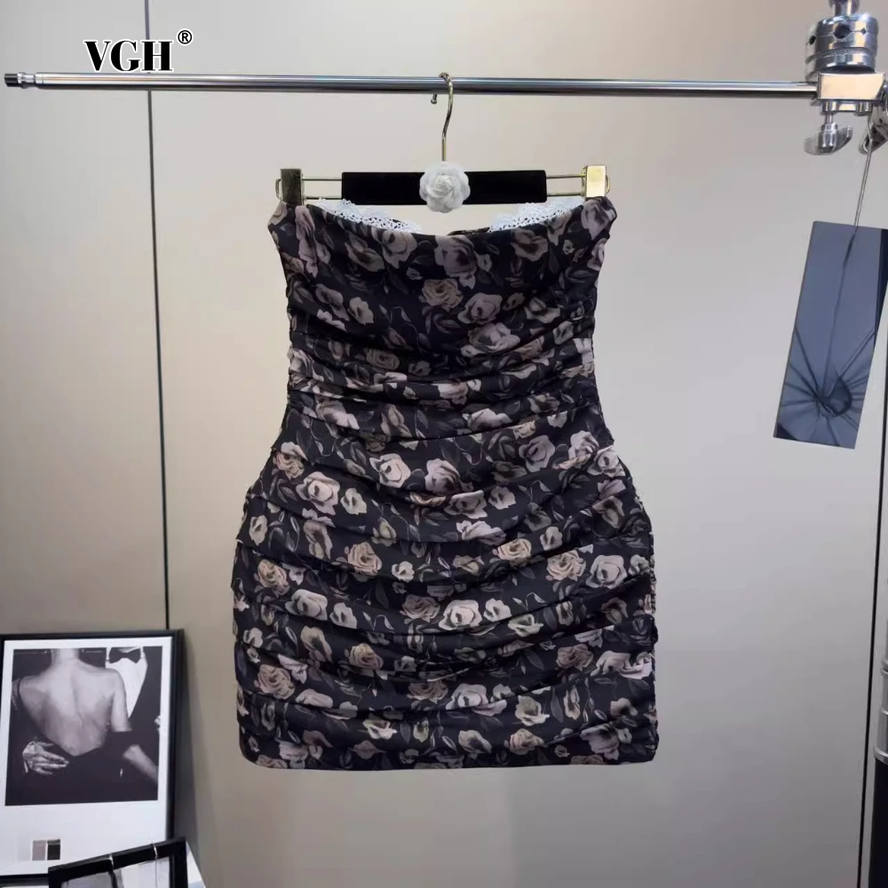 

VGH Chic Spliced Lace Edge Printing Mini Dress for Women Strapless Sleeveless Patchwork Zipper Folds Sexy Club Dresses Female