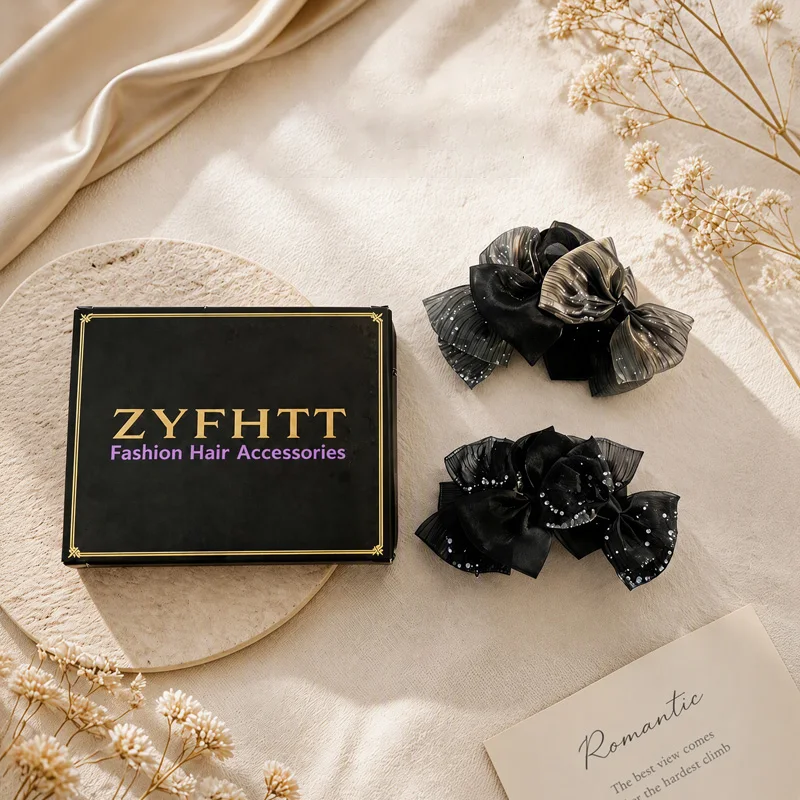 2pcs ZYFHTT Striped shimmer mesh bow big hair clip claw for women Korean style Shark Clip Gifts for a Gala Look Hair Clamp
