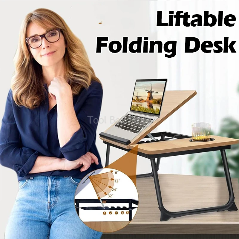 

Folding Laptop Desk for Bed & Sofa 5 gear Lifting Adjustable Laptop Table with Cup Holder Simple Computer Desk Study Desk