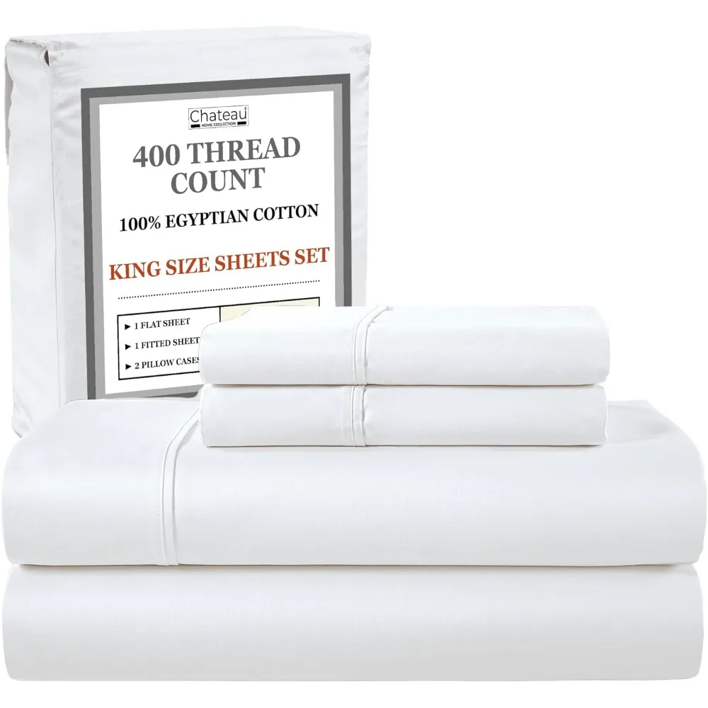 

100% Egyptian Cotton Sheets King Size Sheets Set With Fully Elasticated Fitted Sheet & Pillowcase Sets, 400 Tc Hotel Collection