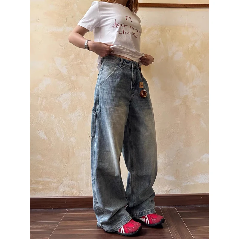 

Women Vintage Blue Baggy Jeans Harajuku Wide Leg Denim Trousers Streetwear Aesthetic Y2k 2000s 90s Trashy Pants Emo Clothes