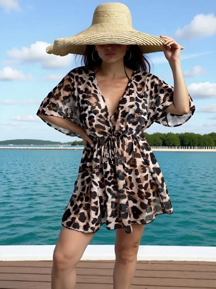 One Piece Swimsuit Blouse Women 2026 New Leopard Print Short Sleeves Mesh Dress Swimwear Summer Beach Wear Bathing Suit Female