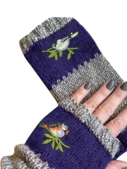 Guantes sin dedos bordados para mujer, manoplas de empalme de bloques de punto, regalo de Navidad