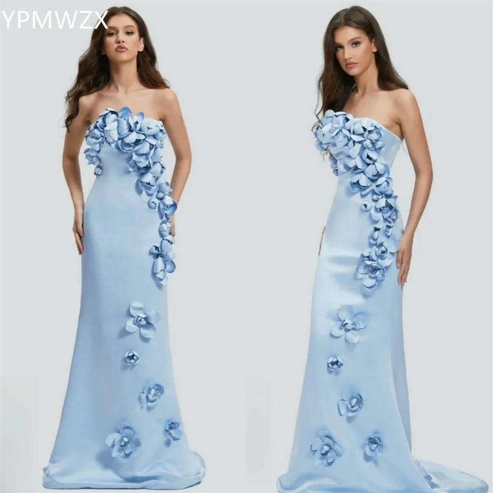 

Customized Evening Dress Women Prom Gown Party Occasion YPMWZX Strapless Mermaid Floor Length Skirts Sleeveless Applique 3D Flow