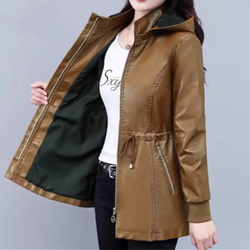 UHYTGF Fleece Winter Leather Female Quality Pu Leather Windbreaker Women Temperament Slim Warm 3XL Big Size Coat Deri Ceket 425