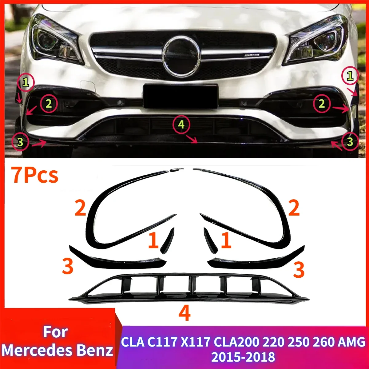 

For Mercedes Benz CLA C117 X117 CLA200 220 250 260 AMG 2015-2018 Front Bumper Lip Spoiler Splitter Air Vent Fog Lamp Grille Kits