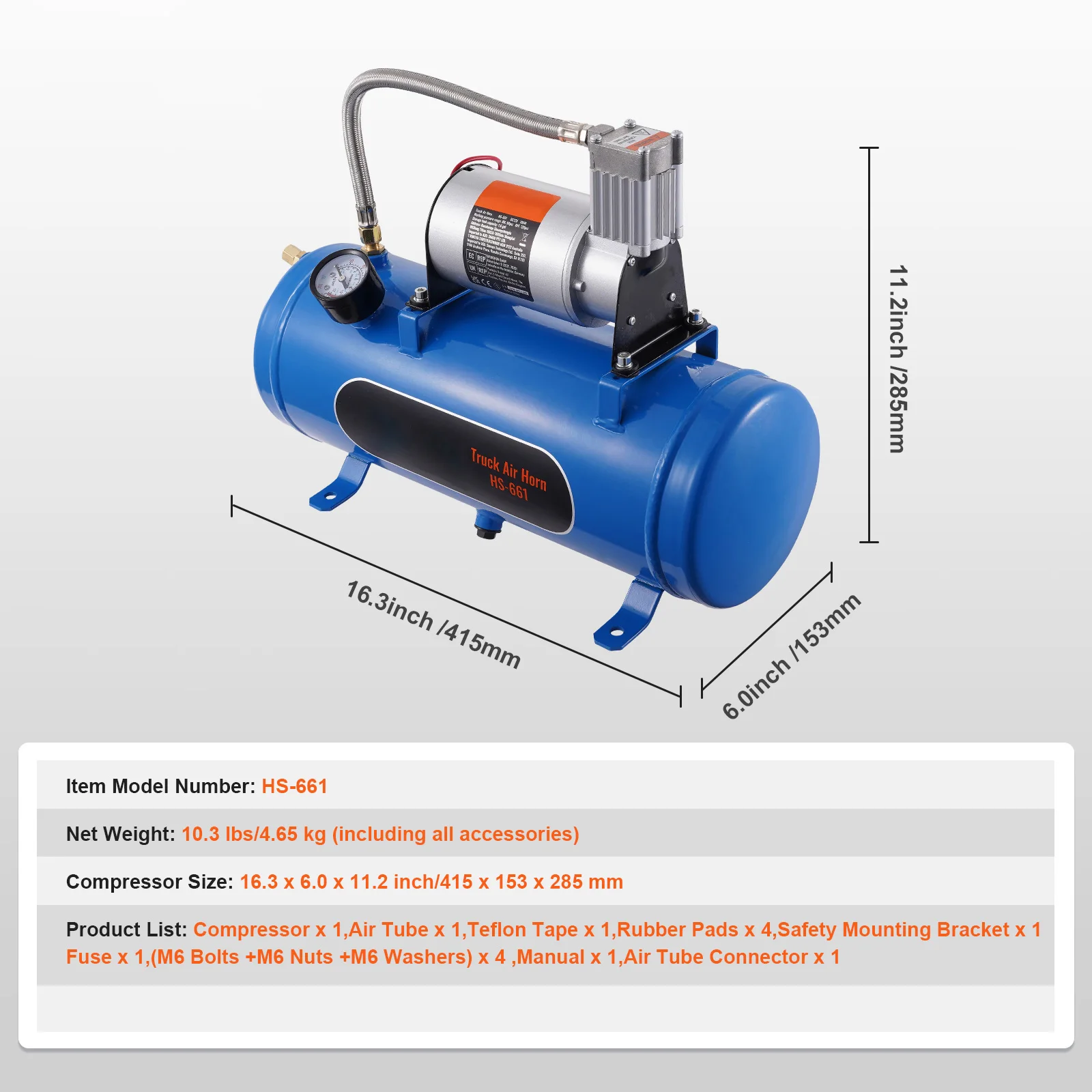 SucceBuy 12V luchtcompressor met tank 3/6L treinhoorn luchtcompressor 120psi luchtcompressorsysteem voor treinhoorn/opblaasband