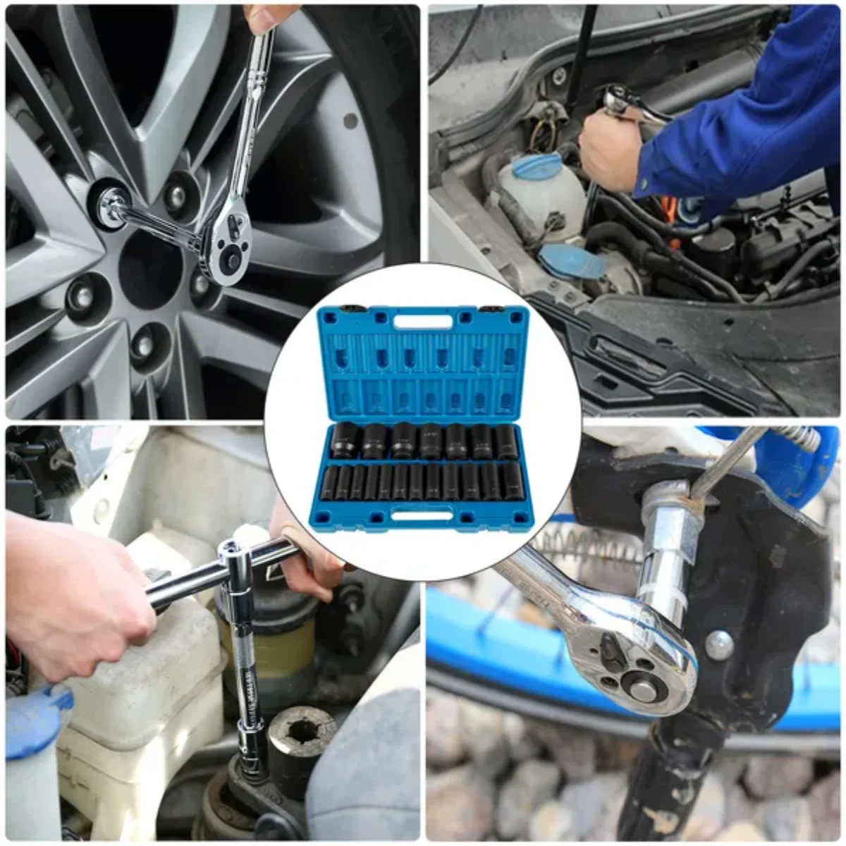 VEVOR 1/2-inch 19-piece 6-point deep impact socket set,equipped with a storage cage,with a size range of 3/8 inch to 1 1/2 inch