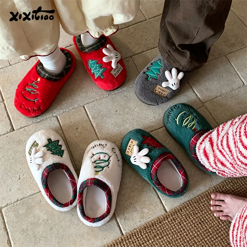 XIXITIAO New Winter Christmas Atmosphere Slippers for Men Women Fashion Funny Warm Anti-slip House Cotton Shoes Plush Footwear image 6