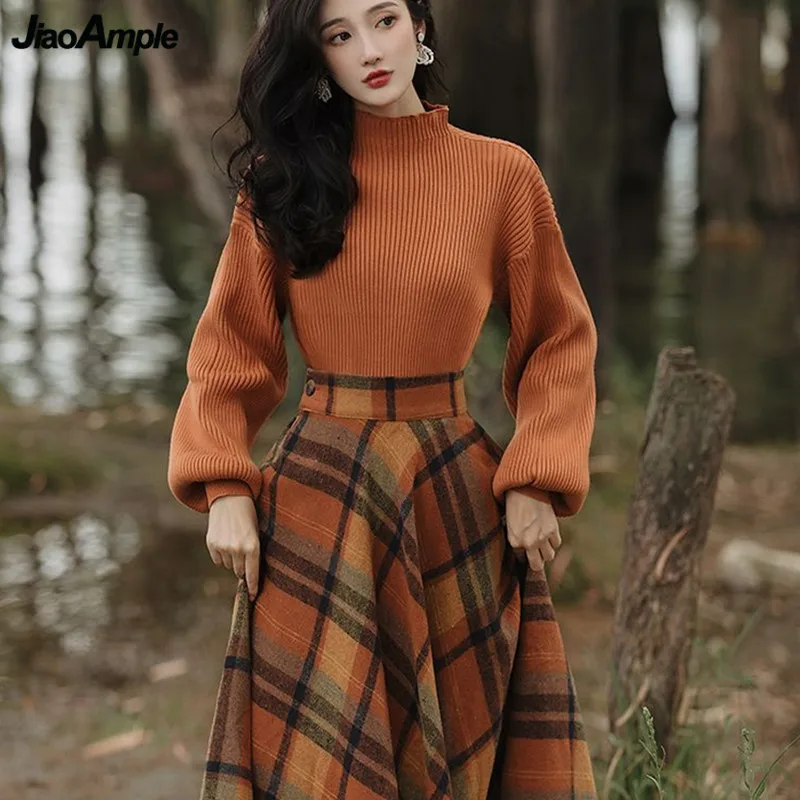 Women's Spring Autumn Vintage Plaid Long Skirts Sweater Two-Piece Set French Lady Graceful Knit Pullover High Waist Skirt Outfit