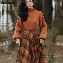 Jupes longues à carreaux vintage pour femmes, pull en tricot élégant, jupe taille haute, tenue pull, ensemble 2 pièces, dame française, printemps, automne