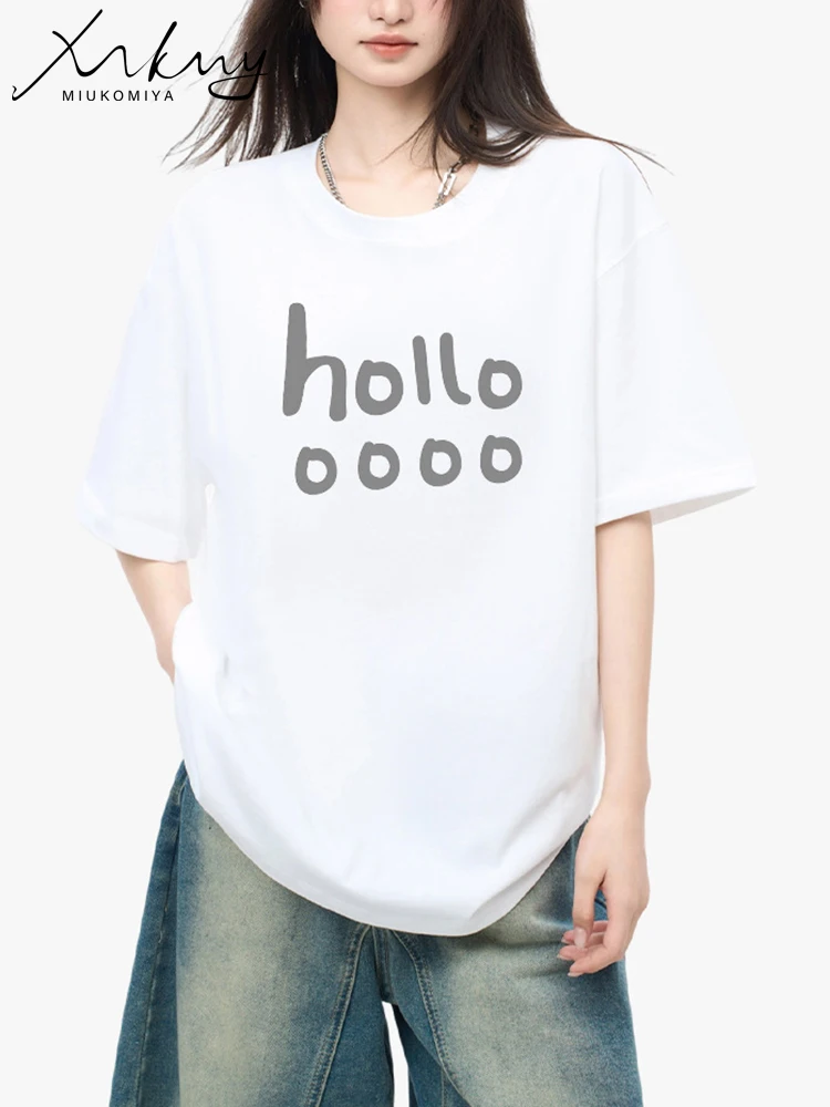 MiuKoMiYa Letter T Shirts Women Oversized Cotton Short Sleeve Tops White Basic Tshirts Boyfriend Letter Print Tees For Women