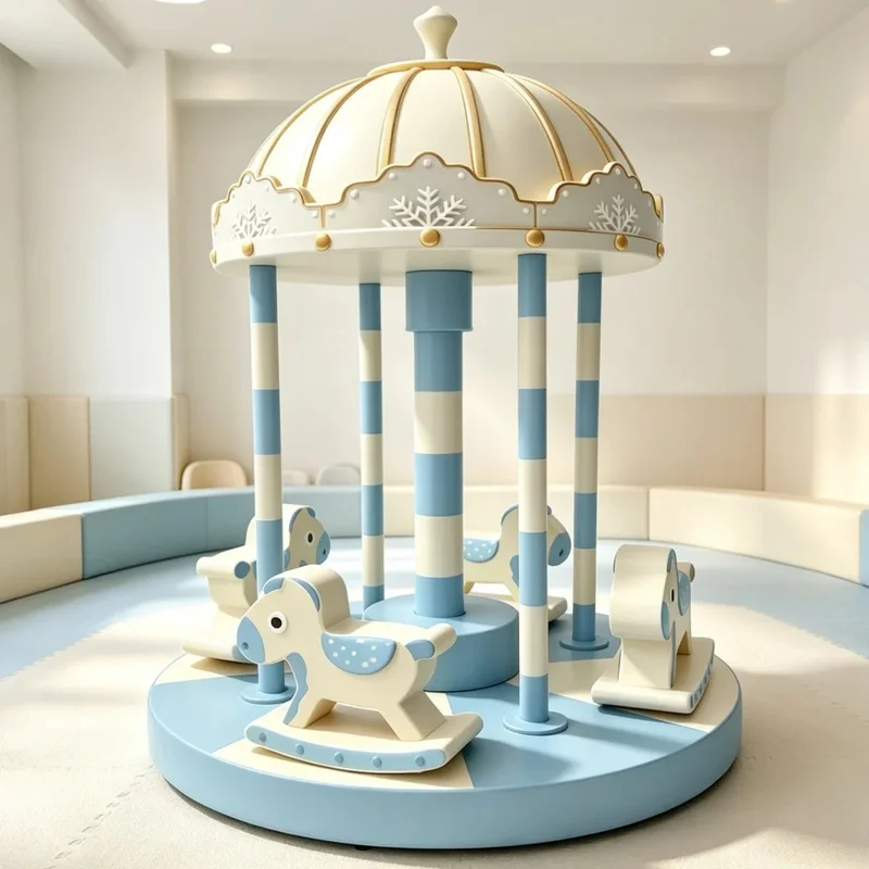 White Blue Electric Soft Play Carousel with LED Light, Kids Sensory Animal Merry-Go-Round for Indoor Outdoor Mall Party Rental