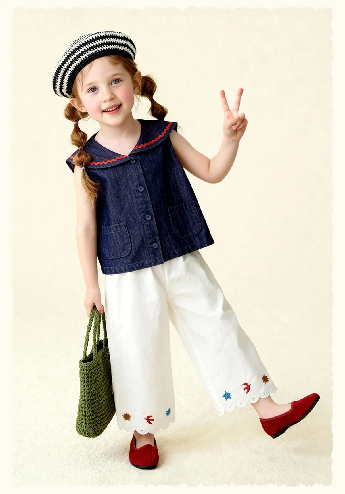 Amila 2026 Sommer Neue Kinder-Freizeithose mit Blumen- und Vogelstickerei, lockerer, lässiger Stil, einfarbig, weites Bein – Detail 18