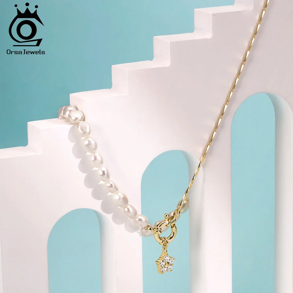 

ORSA JEWELS Unique 925 Silver Natural Pearl Choker Necklace with Zircon Vintage Link Necklace for Women Chain Jewelry GPN92