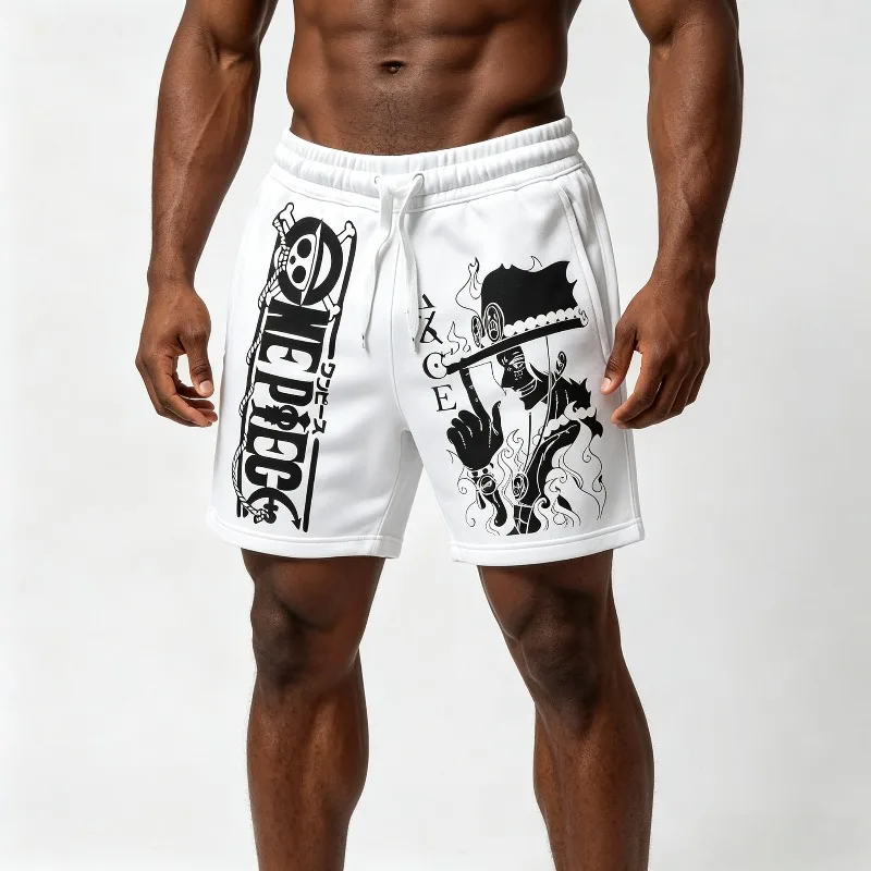 One Piece Anime Men Boy Sweat Shorts Luffy Ace Law Print Loose Casual Shorts Streetwear Hip‑Hop Gym Workout Short Pants for Fans