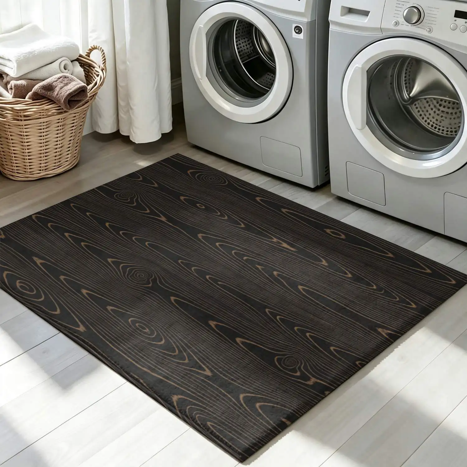 1Pc 2D Printed Carpet: Dark Brown Wood Grain Line, Nordic Modern Simple Geometric Stripe, Home Decor, Multi-Size, Machine Washable, for Entrance/Dining/Foyer/Study/Living/Bedroom