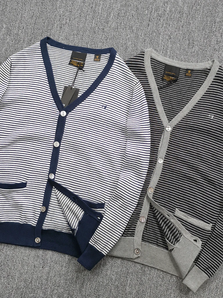 

00% хлопок, вязаный свитер с v-образным вырезом, мужской повседневный полосатый цветной тканый открытый кардиган, осенний модный городской базовый масс