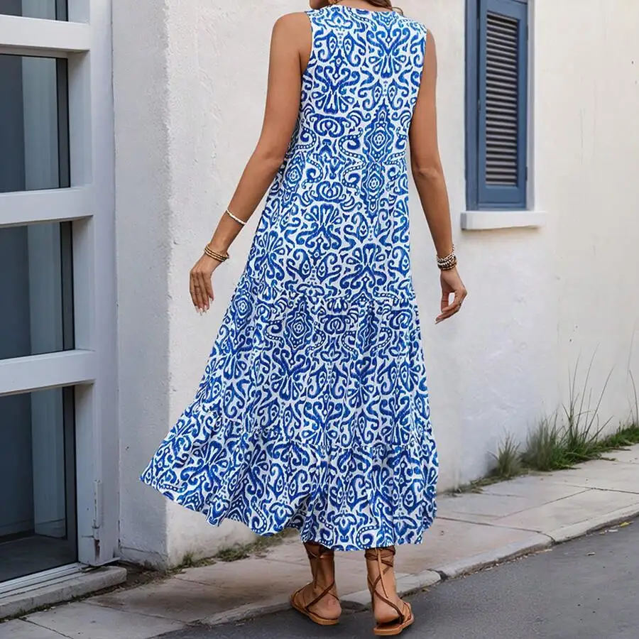 

Women Sleeveless V-Neck Printed Maxi Dress Casual Boho Summer Dress