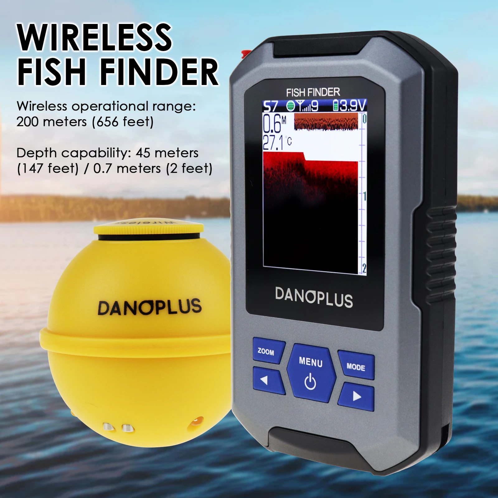 

Fish Finder Wireless Sonar Sensor 125kHz Frequency 45 Meters / 147 Feet Depth Alarm Function and Large LCD Display