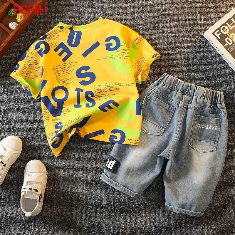 Korean Summer Casual Kids Clothes Boy Cotton Letter T-shirt + Denim Shorts 2pcs Set 2-10Y Children's Top and Bottom Clothes Set