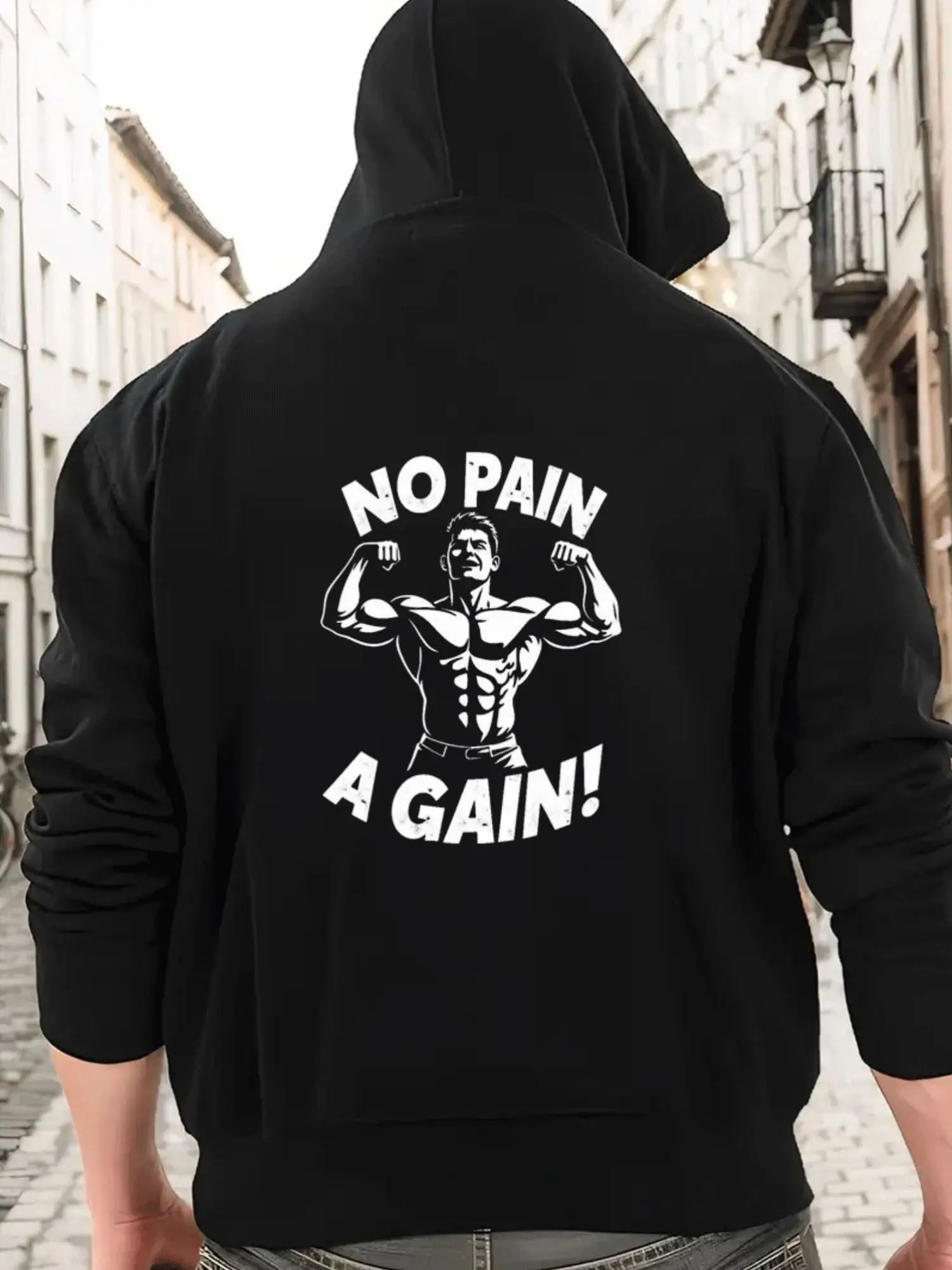 

Men'S 'No Pain A Gain' Black Hoodie - Power Fitness Design Autumn Winter Comfortable