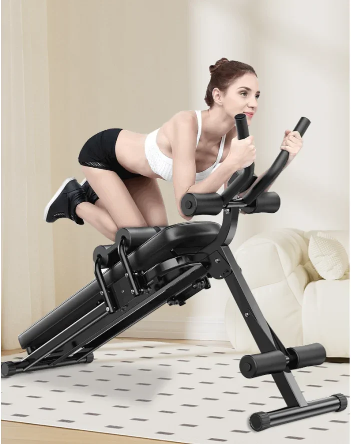 Foldable AB exercise machine, multifunctional adjustable sit-up bench for home fitness, targeting abs and hamstrings.