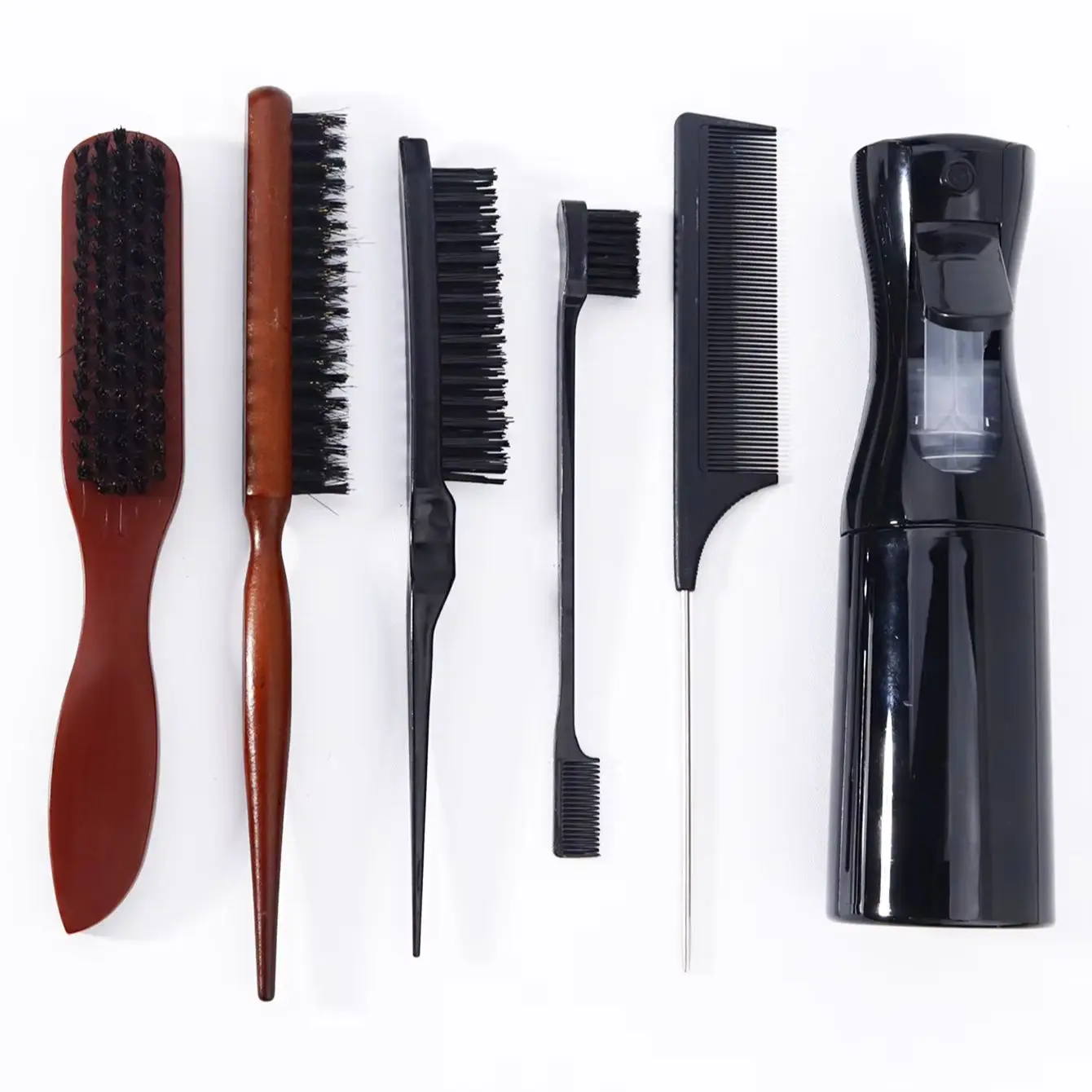مجموعة أدوات صالون مكونة من 6 قطع، مع زجاجة رذاذ، فرشاة إغاظة عالية الجودة، مشط ذيل، فرشاة تحكم في الحواف خاصة بشعر مستعار حقيقي