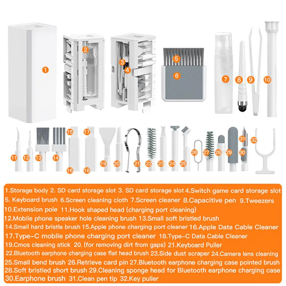 Kit de escova para limpeza de teclado de computador 32 em 1, multifuncional, laptop, fone de ouvido, extrator de limpeza, kit de ferramentas de limpeza de telefone w0u0