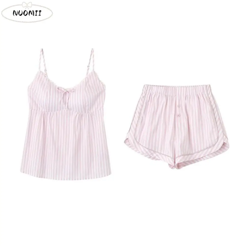 

Пижамный костюм с бантом и кружевом в полоску, облегающие шорты без рукавов, ночная рубашка, женская одежда для сна, свободные пижамные комплекты из двух предметов