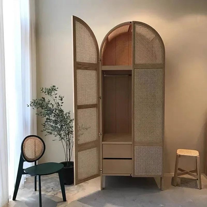 Bedroom rattan wood woven double-door wardrobe Source manufacturer Southeast Asia hotel double-door wardrobe