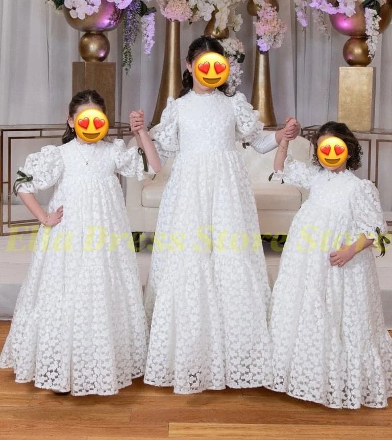 Blumenmädchenkleid Weiß mit Ballonärmeln, Blumenmädchenkleider für Hochzeiten, Ausgeschnittene Spitze, Langes Prinzessinnenkleid für Kinder, Festkleid für Mädchen – Detail 2